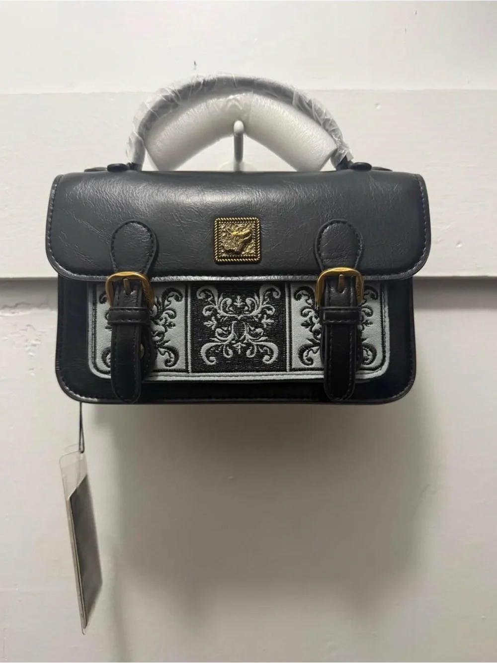 Black and White Embroidered Satchel Handbag